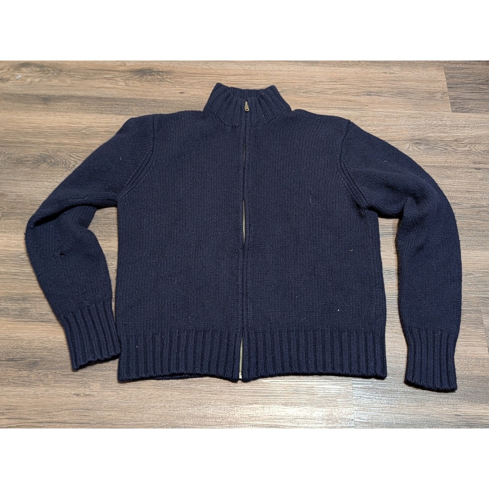 Polo Ralph Lauren Navy Blue 100% Lambswool Full Zip Ribbed Cardigan Sweater L